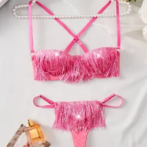 2024 Popular conjunto de lencería de mujer con diamantes de imitación Sexy conjunto de Bikini con flecos sujetador rosa brillante ropa de playa Sexy