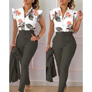 Conjunto de traje de verano para mujer 2025, blusa estampada de manga de loto y pantalones con cinturón, traje de 2 uds. - Product Image 1