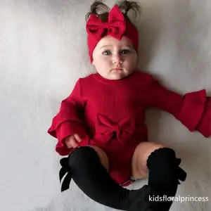 Nouveau-né Infantile Bébé Fille Volants Hiver Côtelée Unie Bow Romper Manches Longues Pétale Fille Coton Combinaison