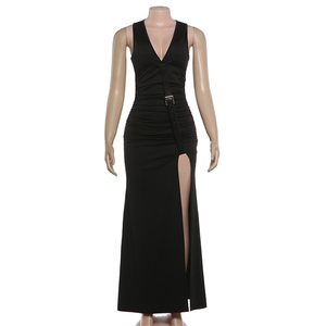 Abito da donna estivo con scollo a V, senza maniche, con fibbia in metallo, stile wild e <span class=keywords><strong>sexy</strong></span>, aderente, con arricciature laterali e spacco. - Product Image 4