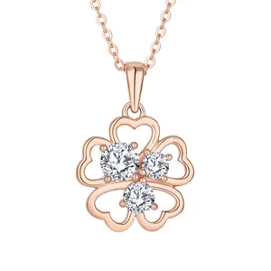 New 925 Sterling Silver Cute Rose Gold Plated Four Leaf Clover Flower Pendant Women's Necklace Jewelry