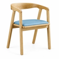 Chaise de salle à manger scandinave en bois massif avec coussin en cuir PU bleu et accoudoirs, chaise de restaurant et de café