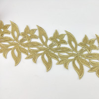 Promotion pas cher en gros broderie fleur doré Guipure dentelle passementerie tissu pour robe de soirée de mariage de mariée indienne