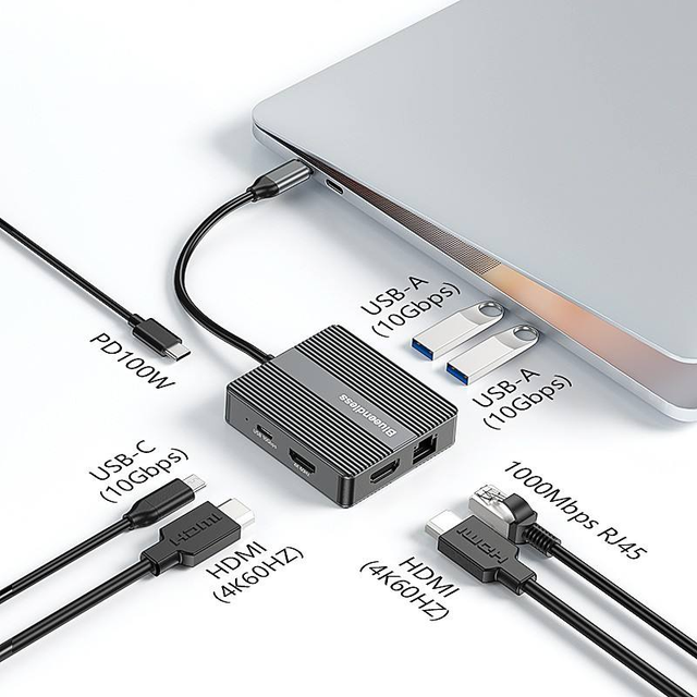 7 in 1 USB C Docking Station MST Triple Display 4K60Hz Dual H DMI DP Gigabit Ethernet RJ45 PD 100W USB3.2 Gen2 10Gbps USB C Hub