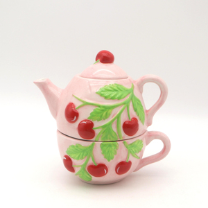Service à thé rétro <span class=keywords><strong>rose</strong></span> en céramique pour une personne, théière et tasse en porcelaine avec relief cerise 3D, ensemble <span class=keywords><strong>vintage</strong></span> pour le thé de l'après-midi, idéal pour un cadeau - Product Image 1