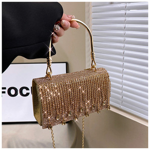 Tassel Shiny Metal Small <b>Square</b> Cover Closure Gold Mobile Phone Rhinestone Chain PU Crossbody Bag for Women Daily Use Tanjing - Product Image 6