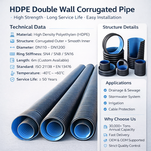 Tuyau de drainage en polyéthylène <span class=keywords><strong>noir</strong></span> HDPE à <span class=keywords><strong>double</strong></span> <span class=keywords><strong>paroi</strong></span> ondulée de 6 pouces (300 mm, 500 mm, 800 mm, 1000 mm, 1200 mm, 1500 mm) - Prix - Product Image 2