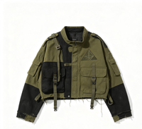 Veste tactique verte avec empiècements noirs et plusieurs poches cargo, sangles à boucles, fabricant OEM de streetwear