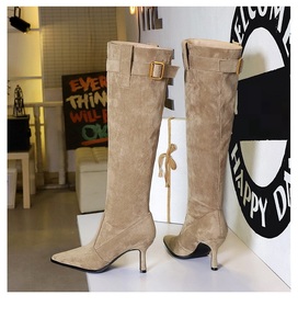 2025 Low Heel Suede Middle Women's Retro Booties Autumn Winter Knee Stiletto Belt Buckle <b>Boots</b> - Product Image 6