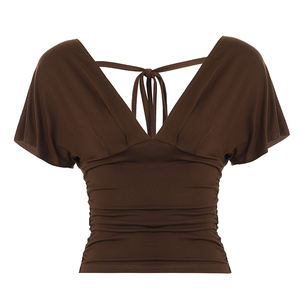 Elegante Blusa Casual de Verano para Mujer, Cuello en V, Plisada, Manga Corta, Transpirable, Tejida, con Estampado Digital, Color Sólido, Corte Ajustado - Product Image 6