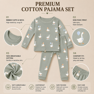 ชุดนอนเด็กผ้าคอตตอนริบ 100% ระบายอากาศได้ดี ลายเป็ดน่ารัก ขายส่งจำนวนมาก - Product Image 3