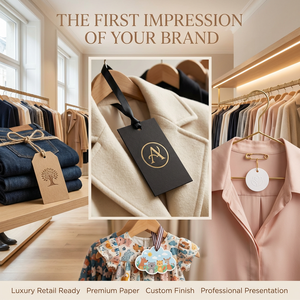 Étiquettes volantes personnalisées de luxe en papier cartonné kraft imprimé, avec logo en feuille d'or gaufrée et débossée, pour marques de vêtements, vente en gros - Product Image 5