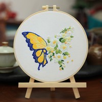 Kit de broderie papillon DIY pour débutants, tissu imprimé, ensemble de broderie à la main avec cerceau