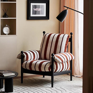 Fauteuil décontracté rétro français, rouge brique, rayures blanches, chaise de salon, style mid-century - Product Image 1