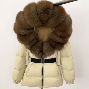 Personalizzazione di lusso di grandi dimensioni in vera pelliccia con cappuccio caldo da <span class=keywords><strong>donna</strong></span> piumino d'anatra invernale spesso caldo cappotto con cintura da <span class=keywords><strong>donna</strong></span> - Product Image 4