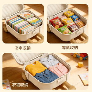 Caja de almacenamiento de equipaje con ruedas para niños, organizador de juguetes con ruedas y asa, diseño rectangular cubierto - Product Image 4