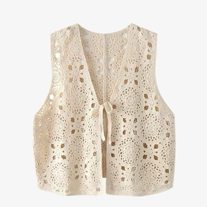 Chaleco de punto de ganchillo con cuello en V de estilo japonés para mujer, cárdigan de verano, ropa de abrigo, color blanco albaricoque - Product Image 1
