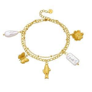 Fashionable Gold Plated Stainless Steel Double Layered Chain Bracelet With Butterfly Koi Pearl Pendant Unisex Jewelry Gift - Product Image 5
