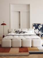 Lit de rangement carré haut de gamme en tissu de fourrure d'agneau crème, style tufté, moderne et minimaliste, taille King, best-seller tendance