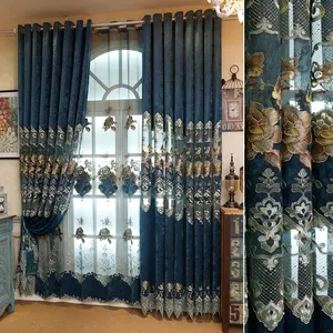 欧洲豪华蓝色雪尼尔绣花窗帘，用于客厅和卧室成品里德豪华