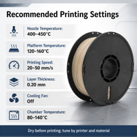 Filamento PEEK-GF de 1.75 mm, Temperaturas de Impresión de 450 °C/400 °C, Resistencia a la Tracción de 80-90 MPa, Módulo de Flexión de 120-130 MPa, Moldeo por Corte