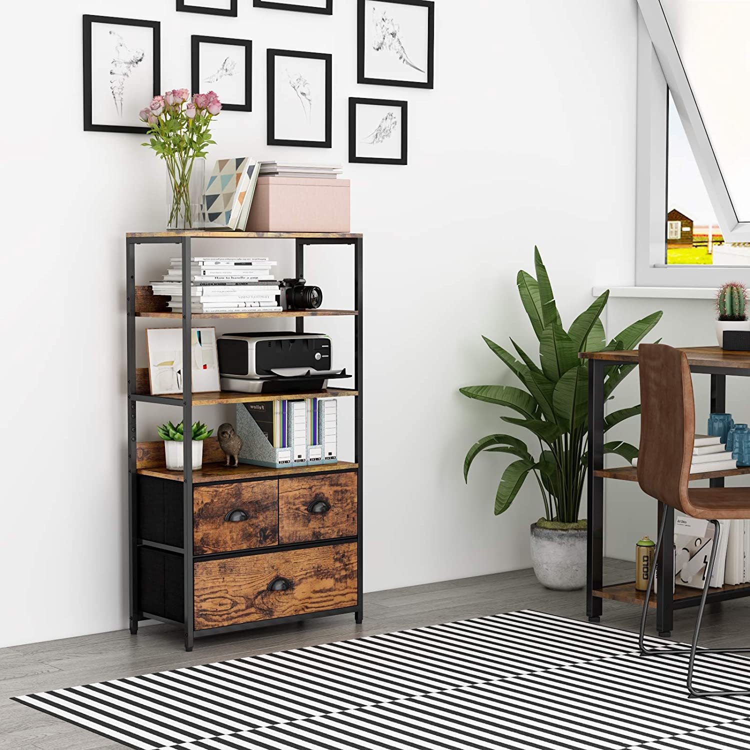 4-Tier Storage Shelf with 3 Drawers ,Rack & Storage Cabinet for Books, Decorations in Living Room, Office