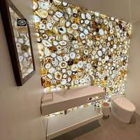 Panneau mural de douche de luxe en agate de cristal brun naturel translucide au design rétroéclairé unique