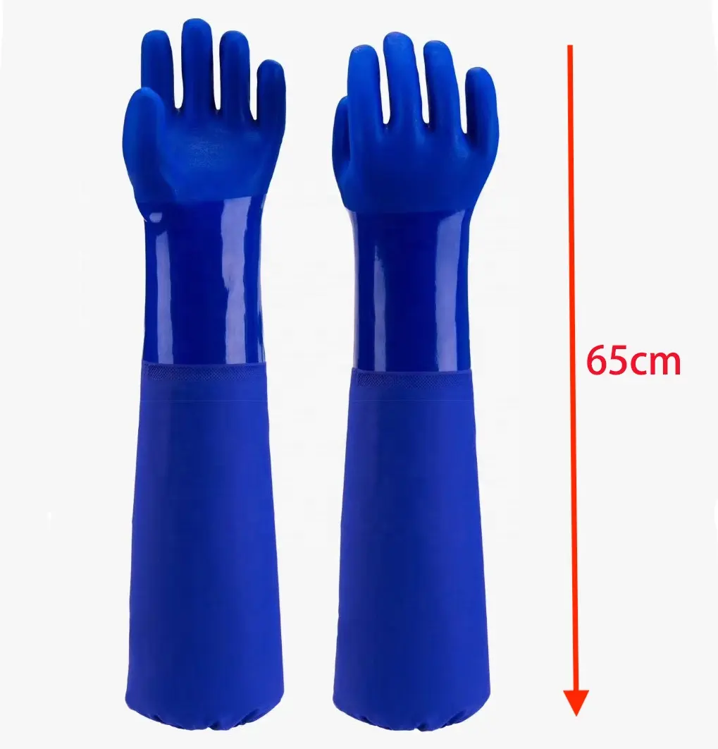 26Inch Zware Lange Mouwen Duurzaam Waterdicht Blauw Pvc Chemische Slip Handschoenen Voor Olie En Gas Industrie