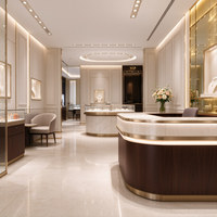 Aménagement de boutique de bijoux haut de gamme, comptoir d'exposition en verre sur mesure, design de décoration intérieure pour boutique de bijoux de détail
