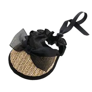 French Lace Straw Sun Hat with Adjustable Tie Rope Pet Apparel Accessories for Dog Cat Pig with Nose Buckle