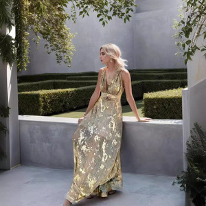 Women's V-Neck Chiffon Dress Gold And Light Green Empire Waist Spaghetti Slip Sheer Layer Club Dress - Product Image 3