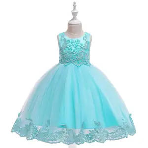 new style sleeveless light blue girl wedding lace dress for kids lovely birthday party princess dresses for girls 4-10 years old
