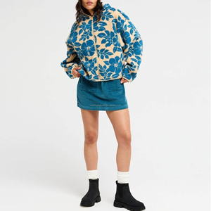 Chaqueta Sherpa Floral Personalizada para <span class=keywords><strong>Mujer</strong></span>, Sudadera con Capucha y Cremallera, Estampado de Flores Azules Vintage, Fabricación OEM - Product Image 3