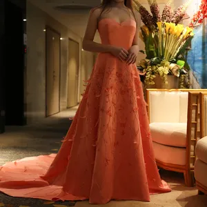 奢华羽毛迪拜珊瑚粉色晚礼服3D花朵甜心长女性婚礼正式派对礼服Sz470-2