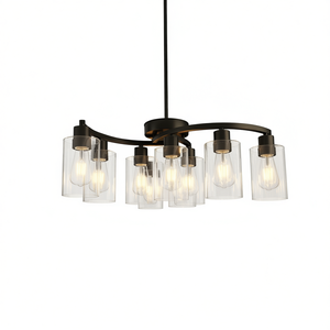 Modern Farmhouse Pendant <b>Light</b> 9-<b>Light</b> Black Iron Clear Glass Shade Adjustable Hanging Fixture for Dining Room <b>Kitchen</b> - Product Image 1