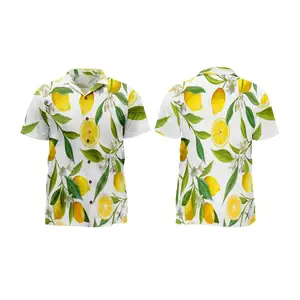 Özel tam baskı yaz 4 yollu streç kumaş kısa kollu erkek düğme aşağı yaka havai gömleği tropikal plaj gömlek