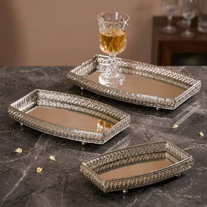 Elegant Polished Metal Serving Trays With Geometric Pattern <b>Rectangular</b> <b>Mirror</b> Top Residential Use - Product Image 5