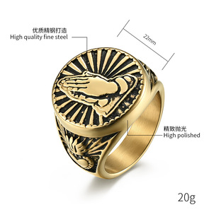 礼品摇滚朋克高品质嘻哈金属钛不锈钢 316L 复古银色祈祷手势珠宝戒指男士用 - Product Image 2