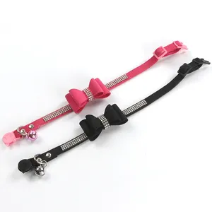Colliers de chat de couleur rose noir en velours de luxe Bling <span class=keywords><strong>Diamond</strong></span> Noeud papillon élégant avec collier à cloches pour chats - Product Image 5