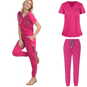 Women's Scrub Set Short Sleeve V <b>Neck</b> High Waist Knitted Medical Uniforms For Work Split Set With Label - Product Image 2
