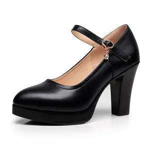 Giày cao gót nữ 2024 mùa xuân mới giản dị Vòng ngón chân khối gót chân khóa thẳng chuyên nghiệp màu đen làm việc Giày nữ