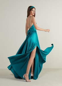 Nuovo Design personalizzato seta elegante <span class=keywords><strong>blu</strong></span> spalline a linea festa di nozze abito lungo damigella d'onore abito da sera Casual - Product Image 3