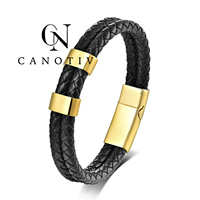Bracelet en cuir double tressé pour homme avec fermoir magnétique en acier inoxydable plaqué or, bracelet punk, bijoux de mode