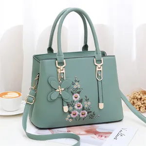 2024 Navy Blue Embroidered Floral Office Large Designs Tote Shoulder Handbags For Women Wholesale