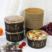 Bol Déjeuner Salade Rond en Papier Kraft Jetable Micro-ondable Imprimé Noir avec Film CPET pour Plats à Emporter, Vente en Gros, 1100 ml