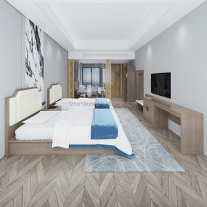 Inexpensive Commercial Hotel Twin <b>Bed</b> Durable Wood <b>Bed</b> <b>Frame</b> with <b>Soft</b> Headboard & Nigtstands for 3 Sar Hotel Standard <b>Bed</b> Rooms - Product Image 6