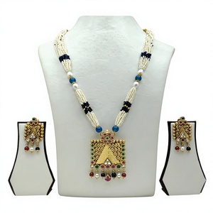 Elegant Silver <b>Beaded</b> Long Necklace <b>Set</b> with Blue White Pearls Gold Traditional Square Pendant and Matching Earrings - Product Image 1