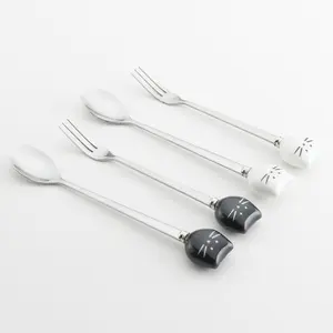 Lovely Cartoon white & black Cat Ceramic Handle Spoon Stainless Steel Stirring Coffee Spoon Fork Wedding Favors