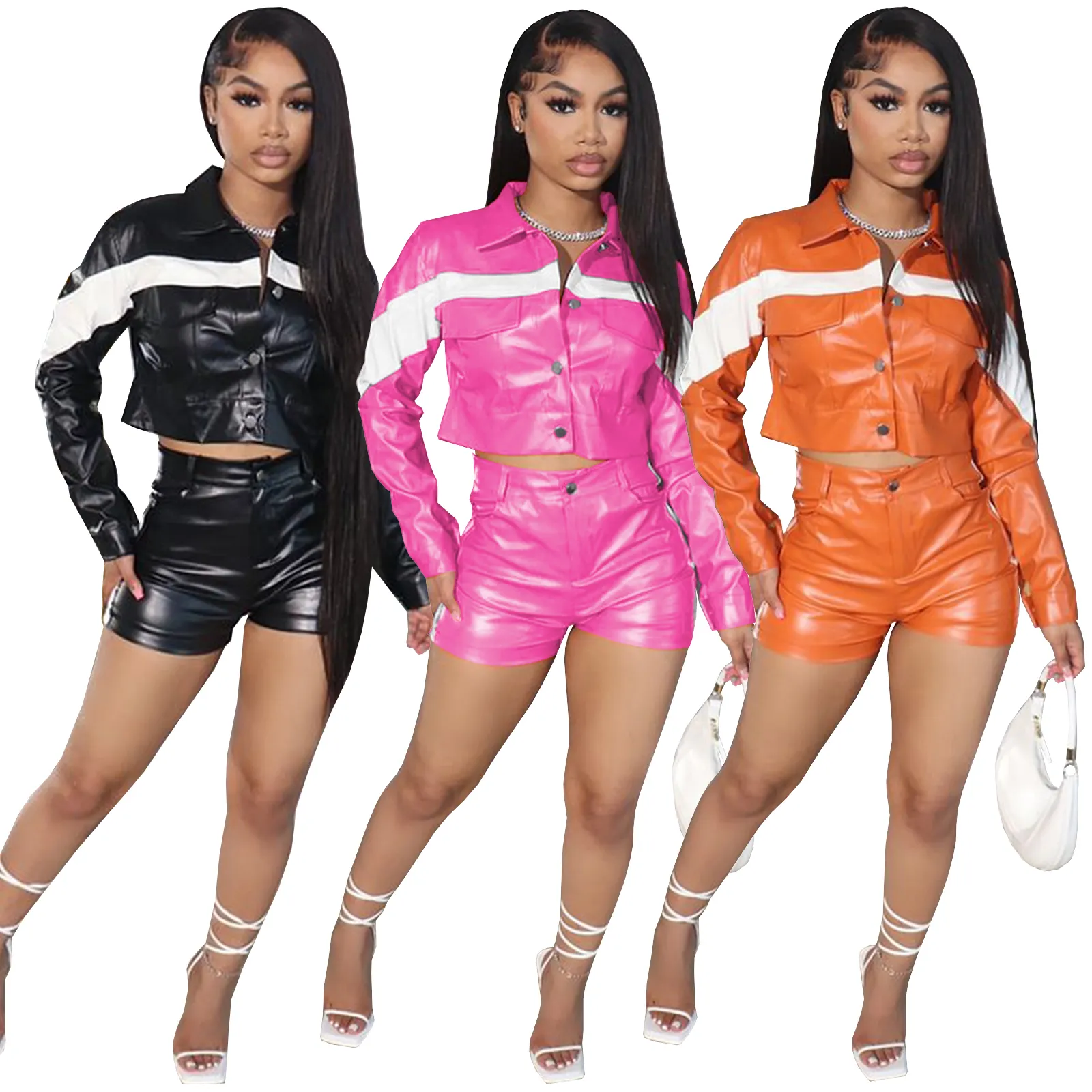 Women Sweatsuit Set Tracksuit Solid Color Leather Contrast Button Lapel Cargo Two Piece Set shorts set women