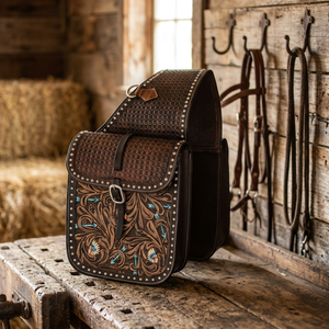 Handtooled Genuine <b>Leather</b> Customised Saddle Bag for Western Horse Motorcycle Equestrian Use Custom Logo Handcarved SS Fittings - Product Image 2